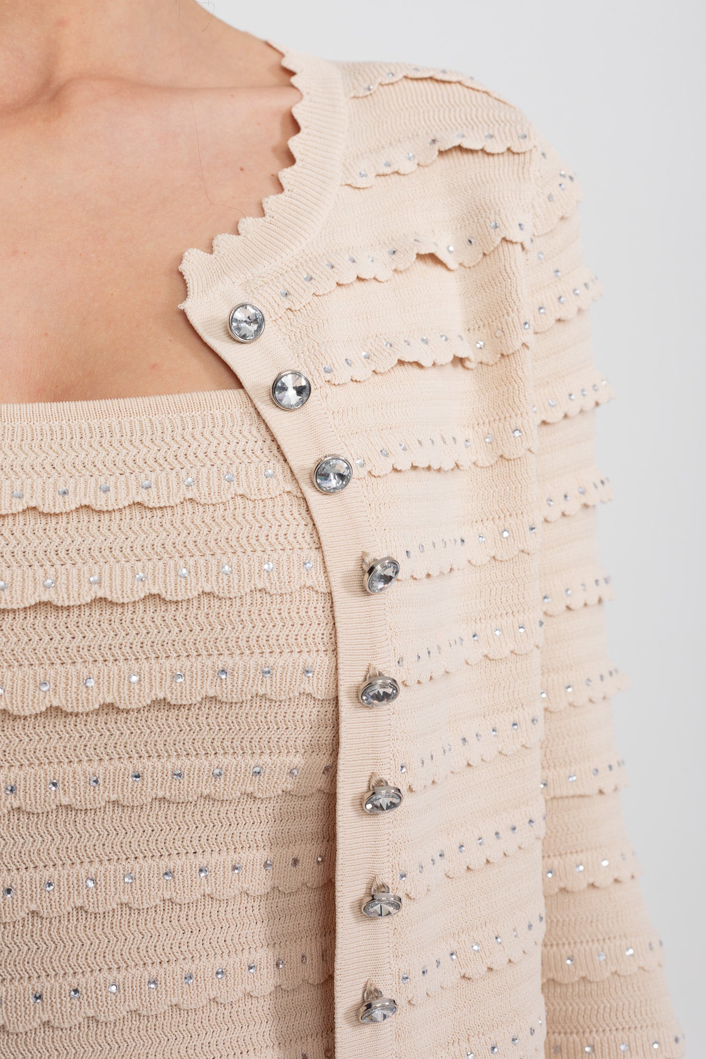 Textured Knit 3 Piece Set With Blazer, Top and Midi Skirt - Beige