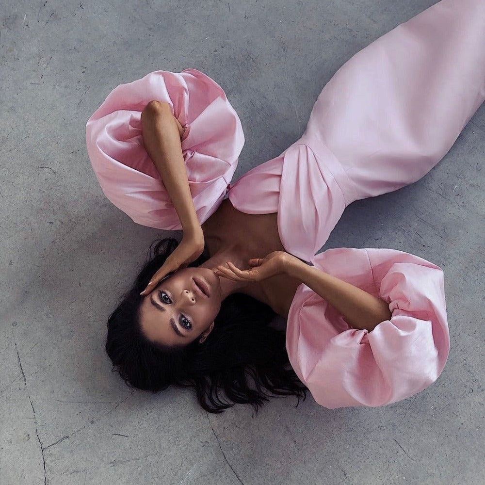Satin Strapless Pleated Bodice Detached Puff Sleeve Fitted Dress