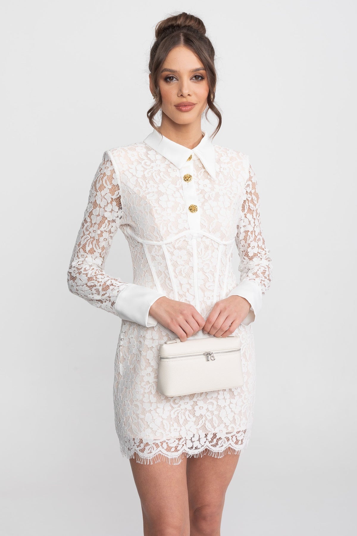 Lace Collared Long Sleeve Corset Seam Scallop Hem Mini Dress 4