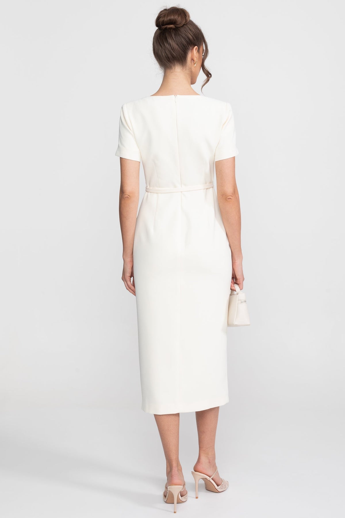 Square Neck Short Sleeve Jewel Button Belted Flap Pocket Midi Dress - View 8
