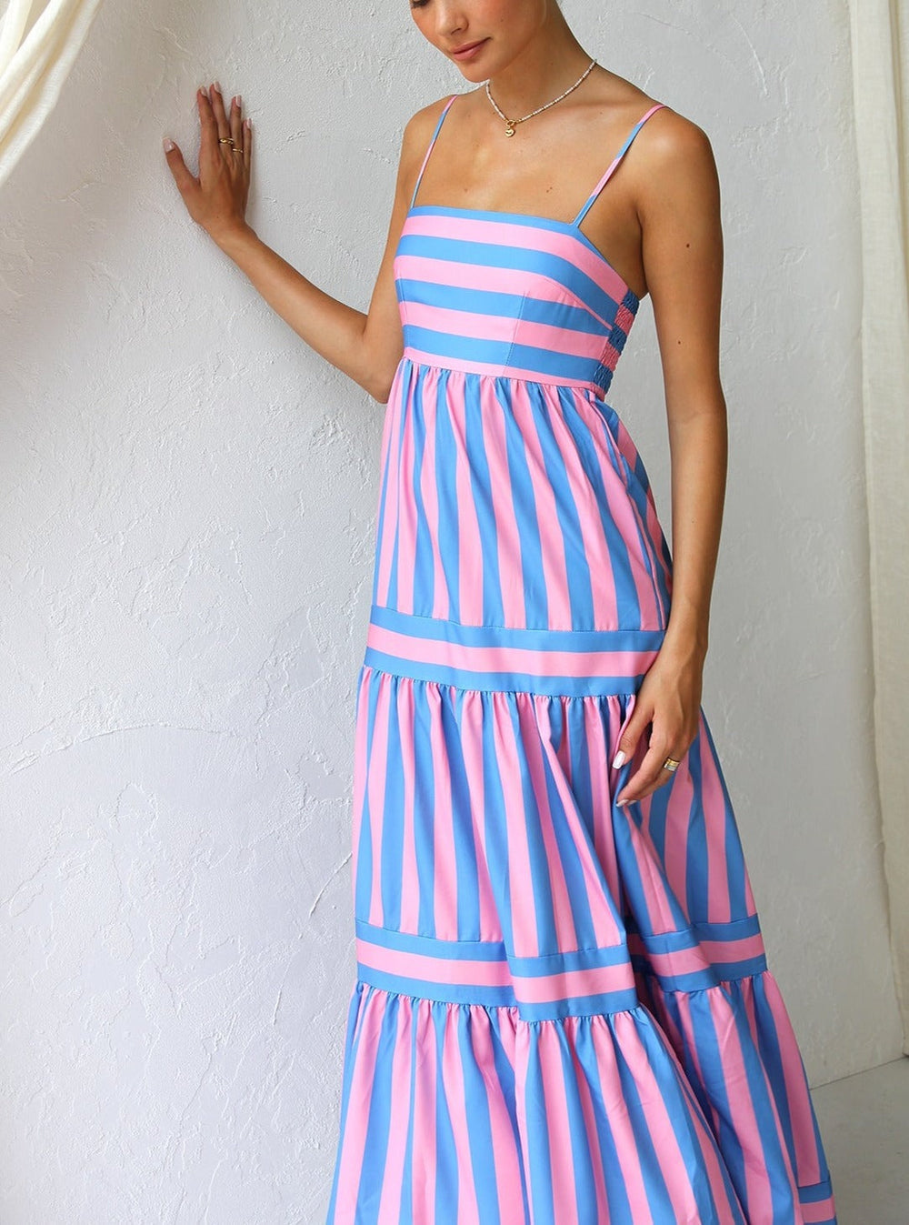 Striped Spaghetti Strap Tiered Maxi Dress Summer