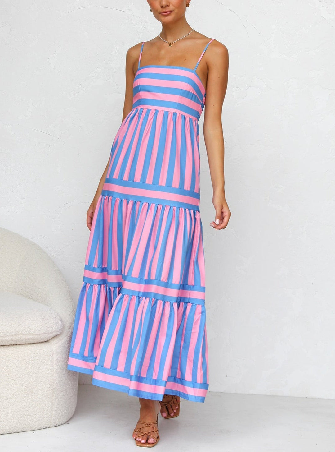 Striped Spaghetti Strap Tiered Maxi Dress Summer