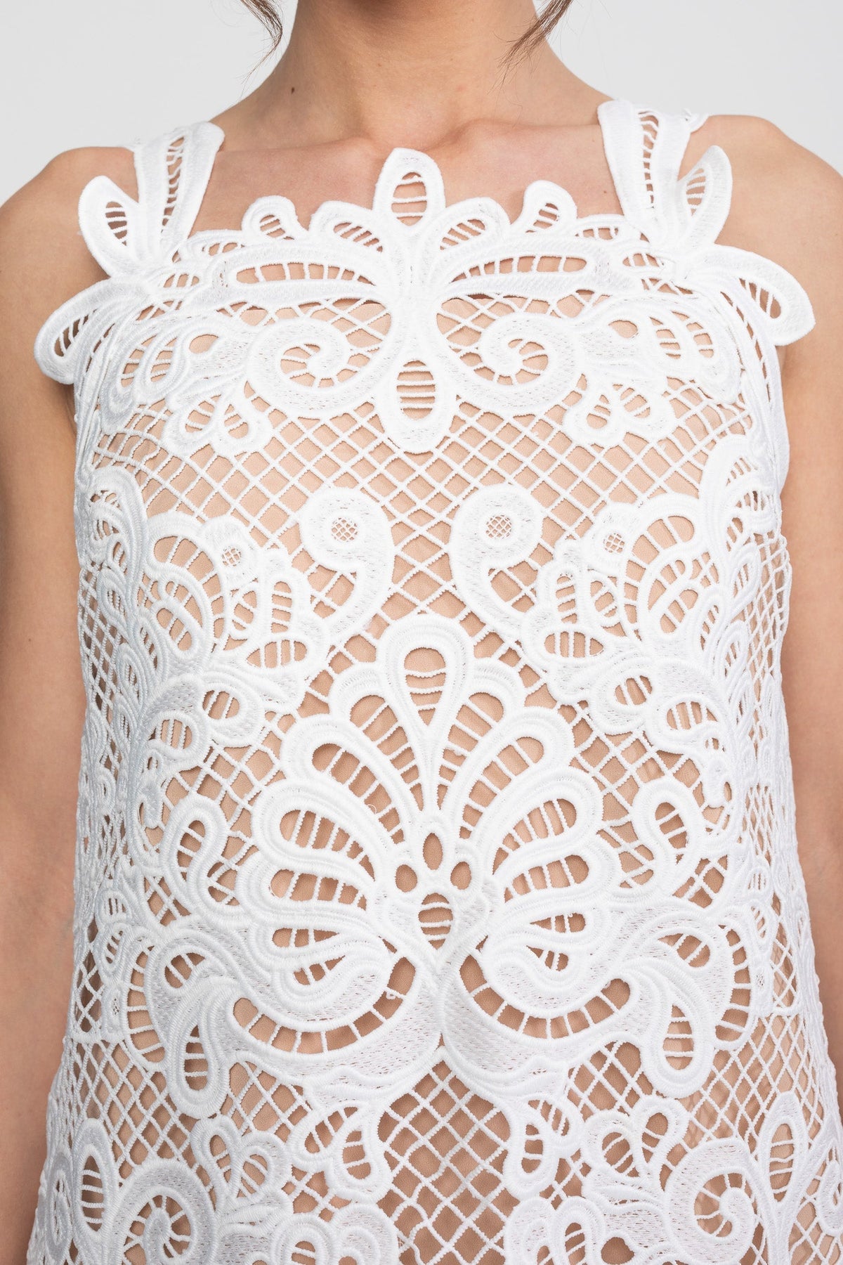 Square Neck Sleeveless Guipure Lace Scallop Hem Shift Mini Dress 10