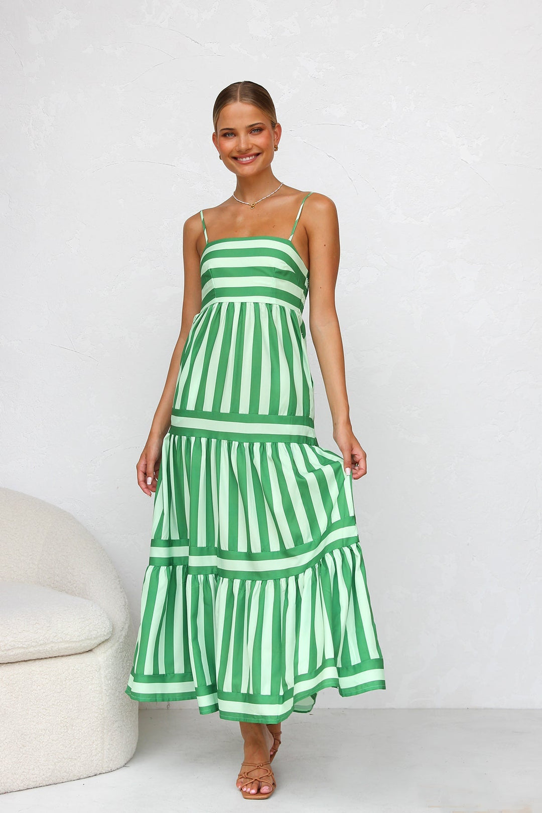 Striped Spaghetti Strap Tiered Maxi Dress Summer