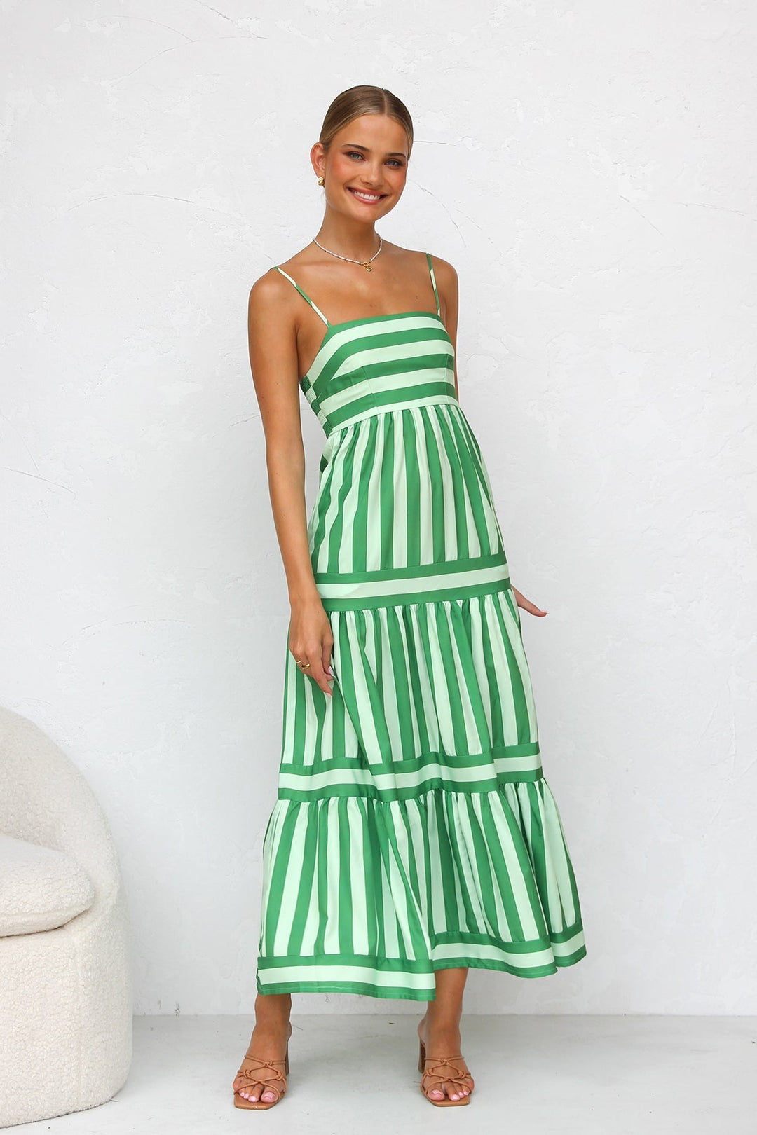 Striped Spaghetti Strap Tiered Maxi Dress Summer