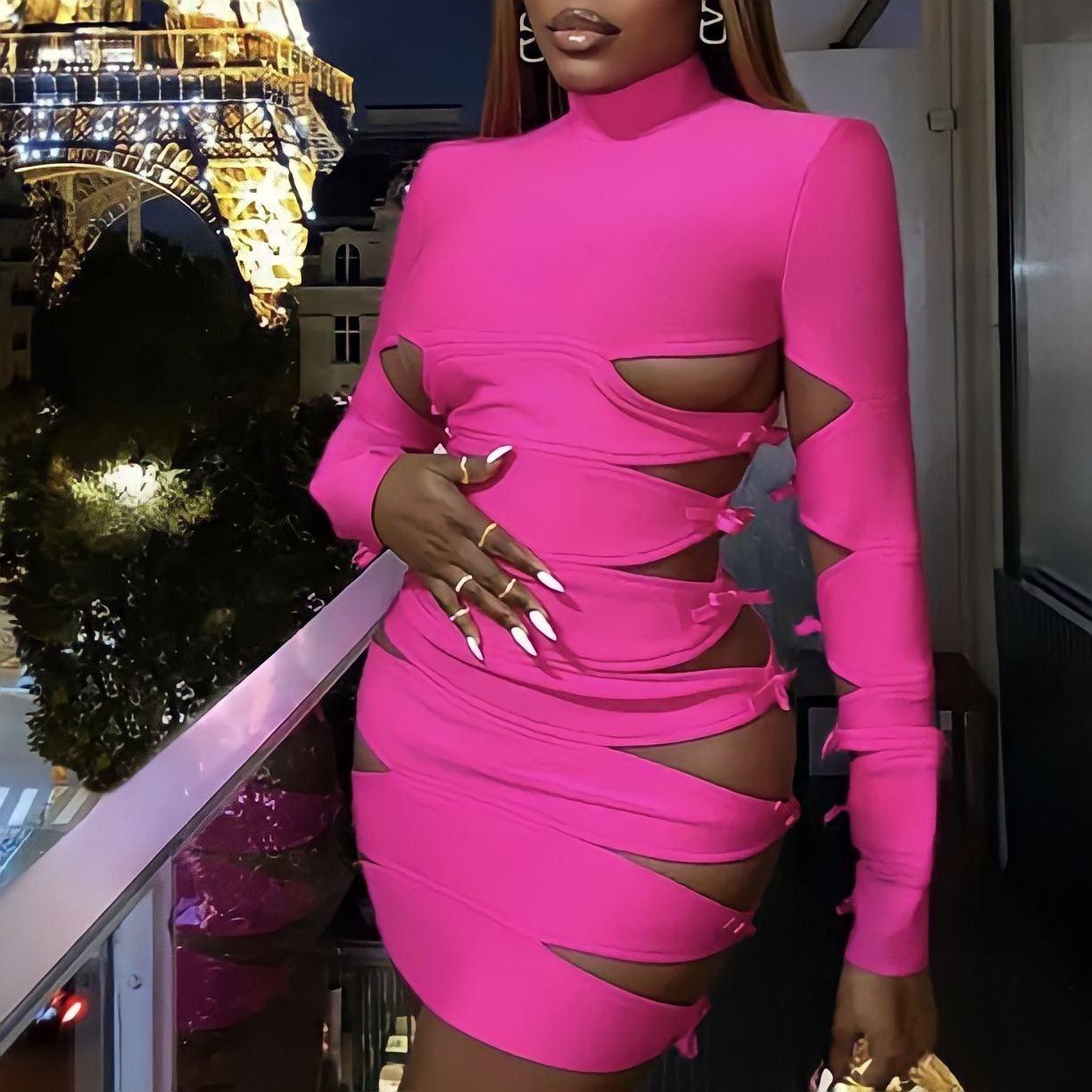Long Sleeve Turtleneck Side Cut Out Bow Detail Bodycon Mini Dress