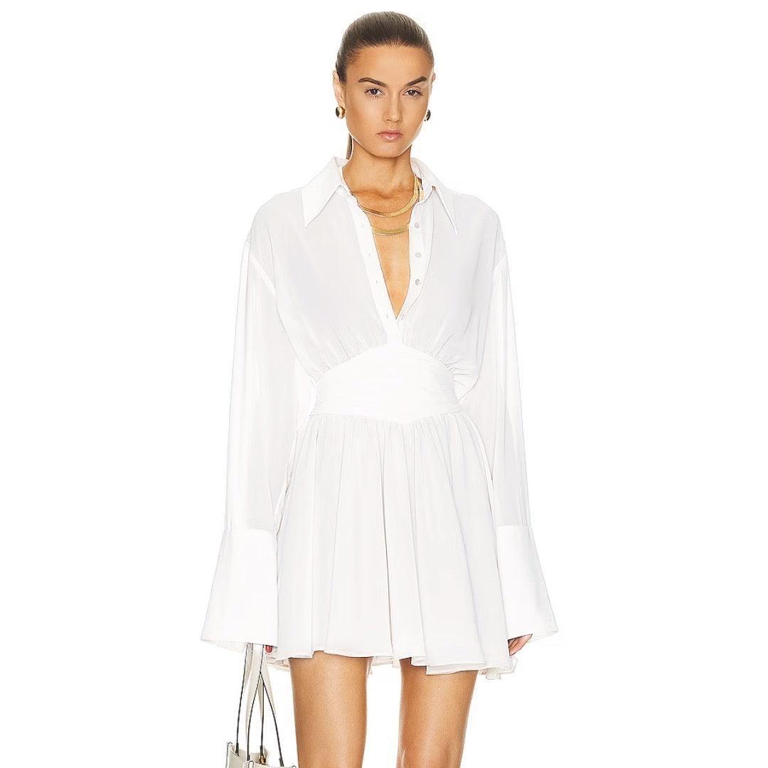 Deep V-Neck Shirt Collar Ruched Waist Bell Sleeve Mini Dress