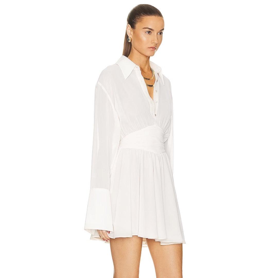 Deep V-Neck Shirt Collar Ruched Waist Bell Sleeve Mini Dress