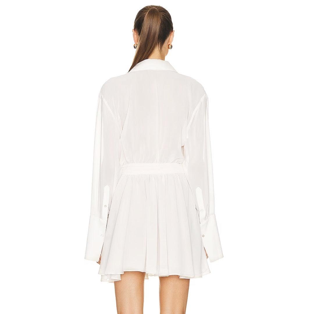 Deep V-Neck Shirt Collar Ruched Waist Bell Sleeve Mini Dress