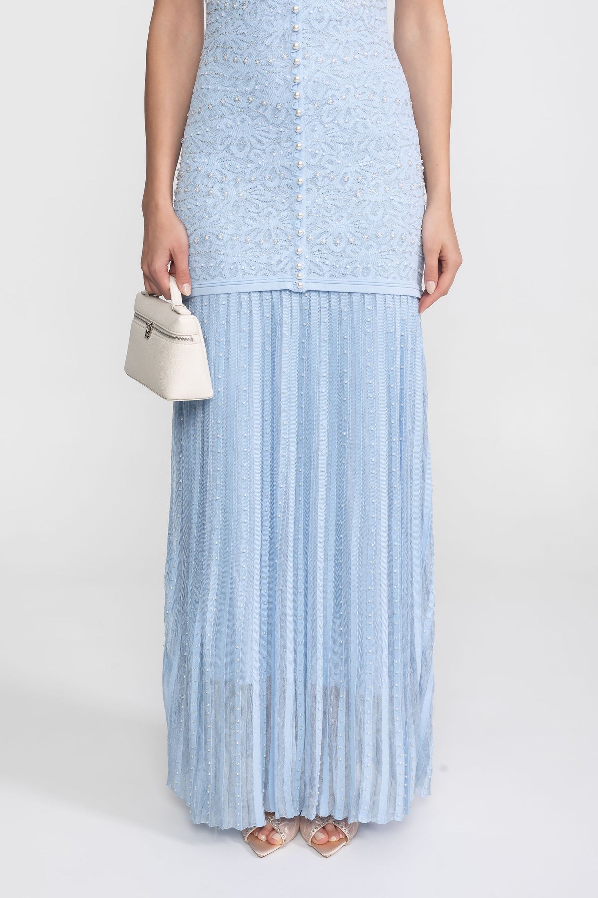 Lace Bead Embellished Round Neck Pearl Button Drop Waist Pleated Maxi Dress - View 6