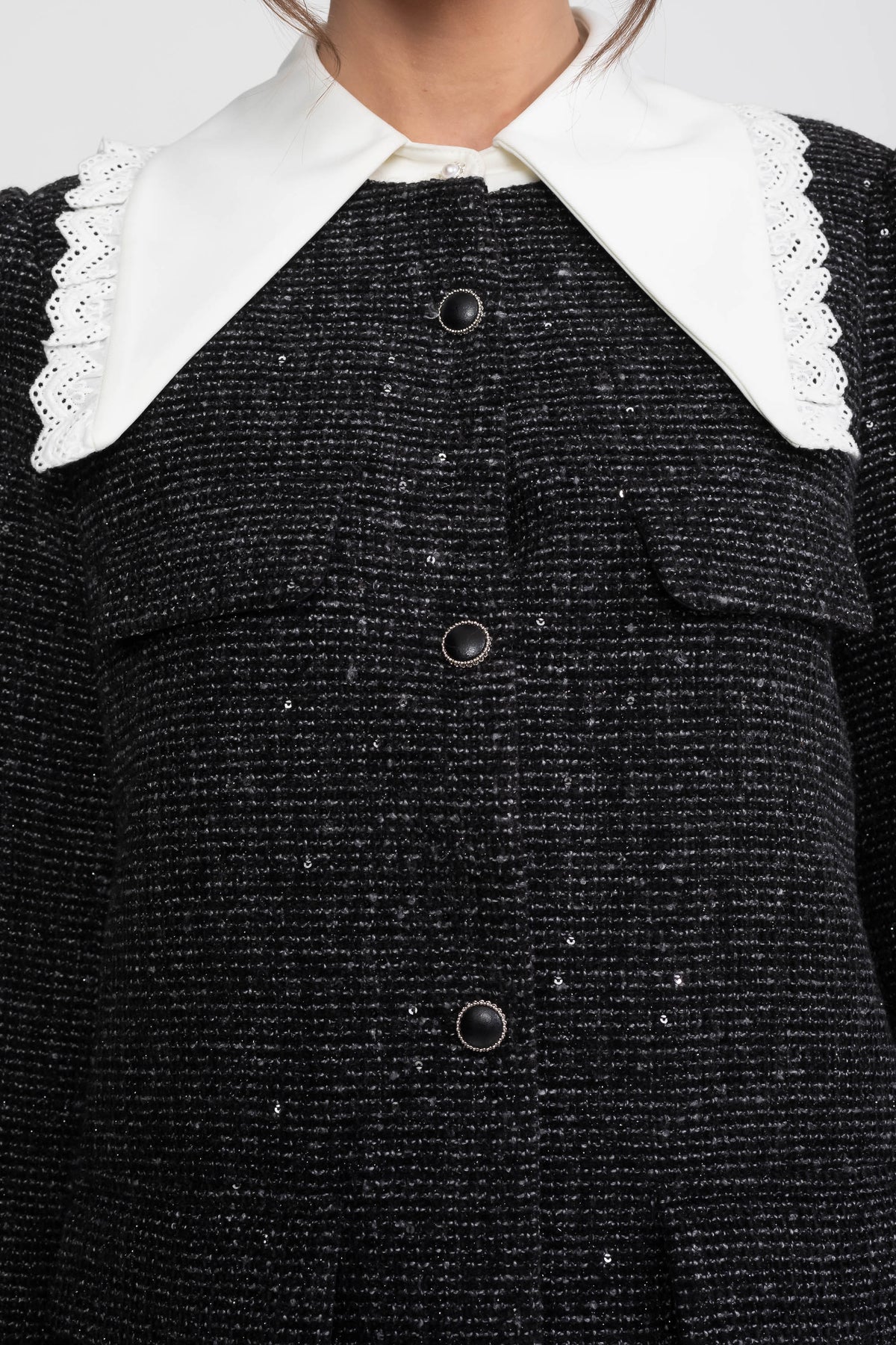 Sequin Tweed Contrast Collar Long Sleeve Button Front Ruffle Hem Mini Dress 4