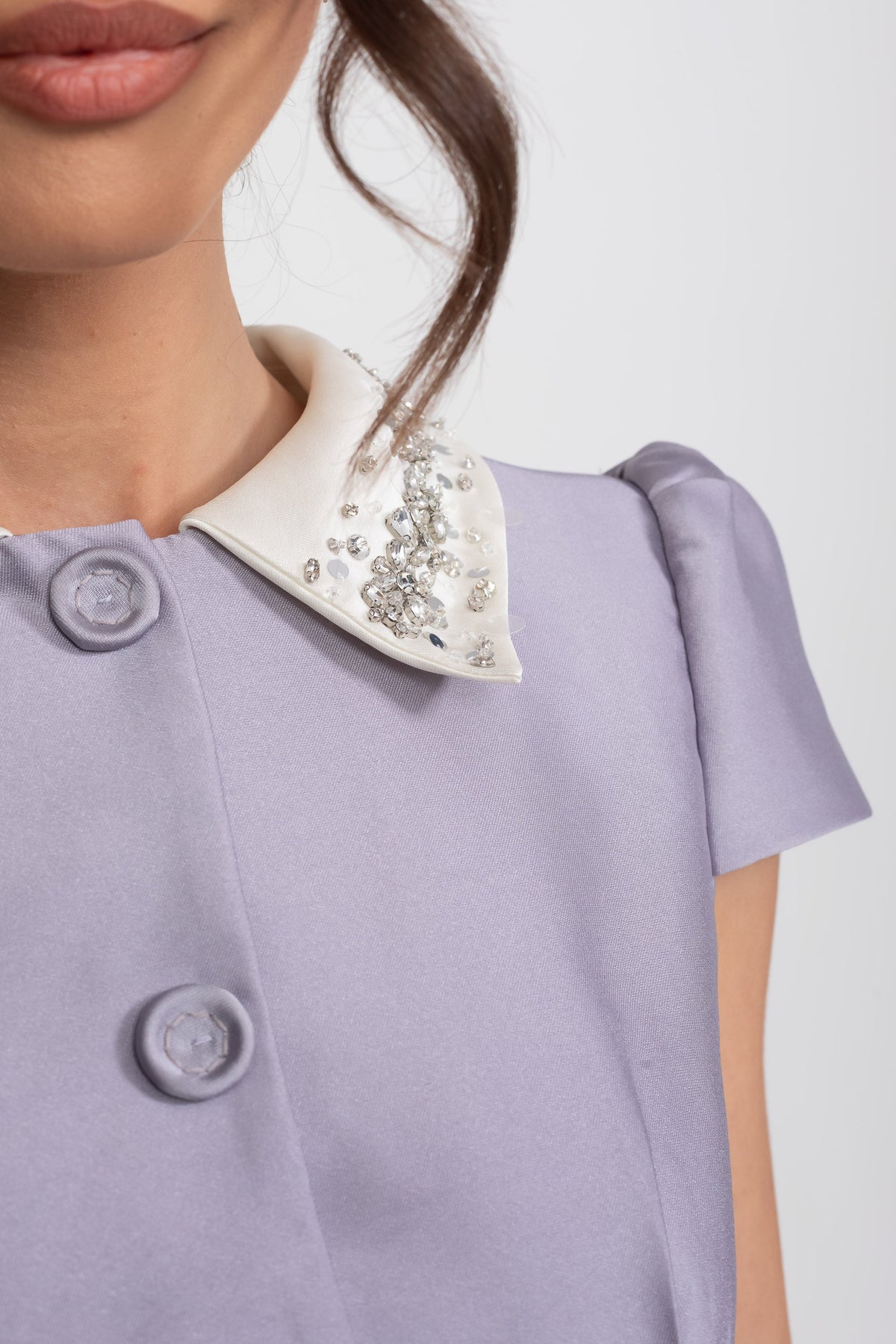 Satin Embellished Collar Cap Sleeve Bow Waist A-Line Mini Dress 4