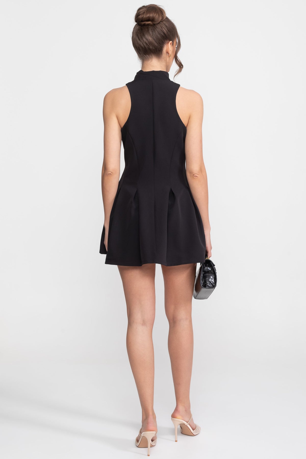 Sleeveless Mock Neck Zip Front Pleated A-Line Mini Dress - View 6