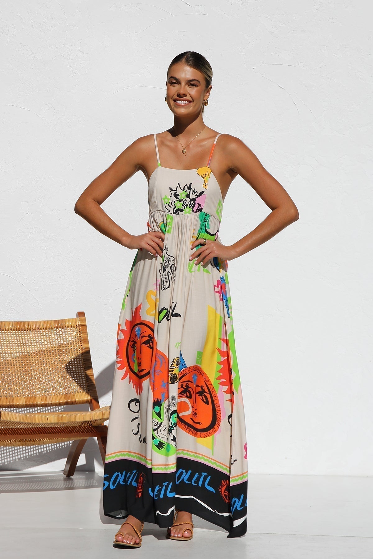 Graphic Print Spaghetti Strap Open Back Bow Tie Flowy Maxi Dress