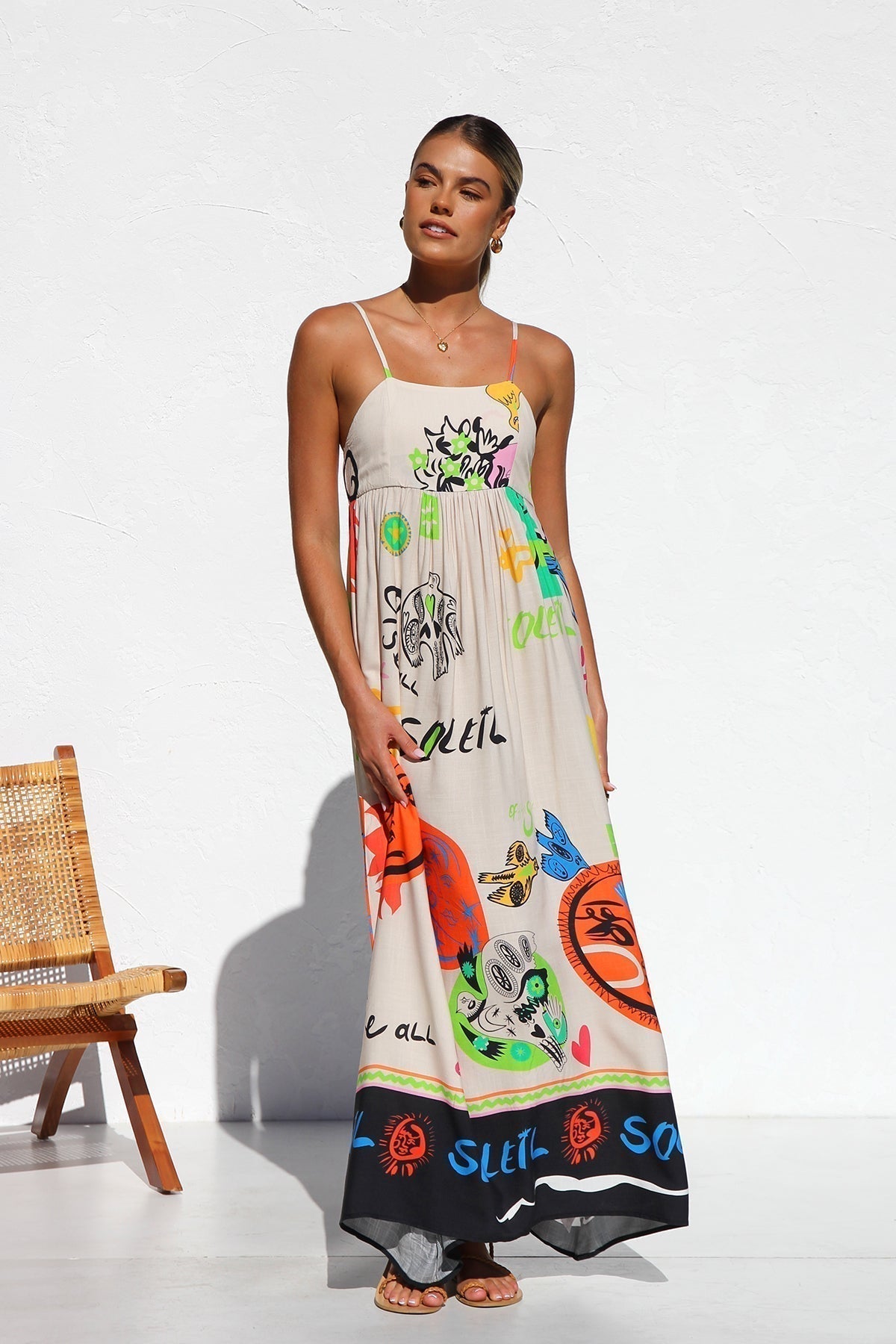 Graphic Print Spaghetti Strap Open Back Bow Tie Flowy Maxi Dress