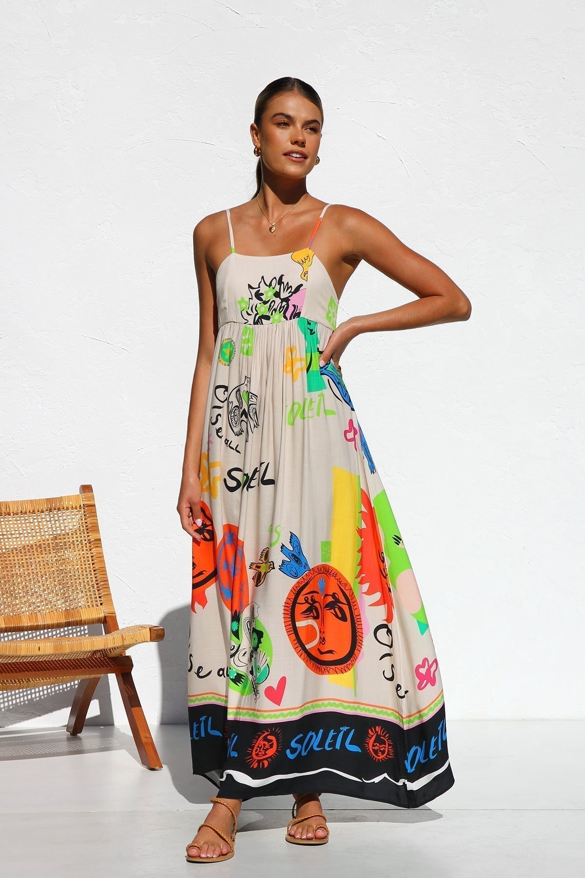 Graphic Print Spaghetti Strap Open Back Bow Tie Flowy Maxi Dress