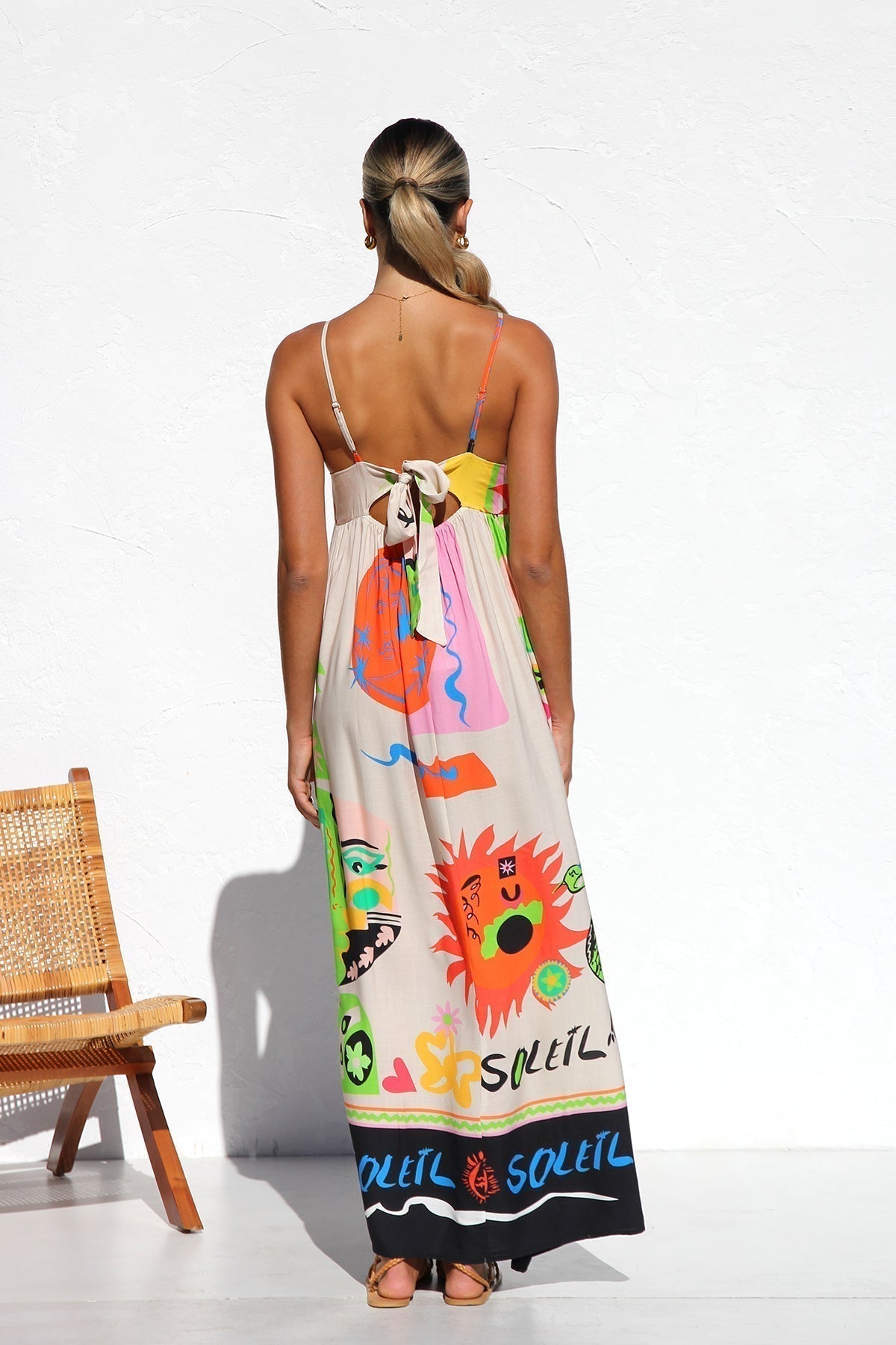 Graphic Print Spaghetti Strap Open Back Bow Tie Flowy Maxi Dress