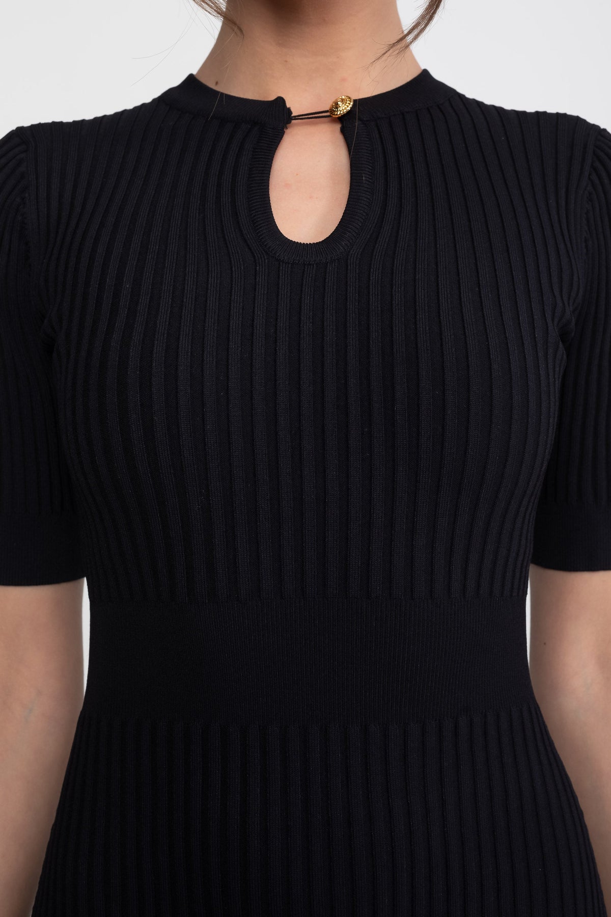 Ribbed Knit Keyhole Neck Short Sleeve Flounce Hem Mini Dress 8