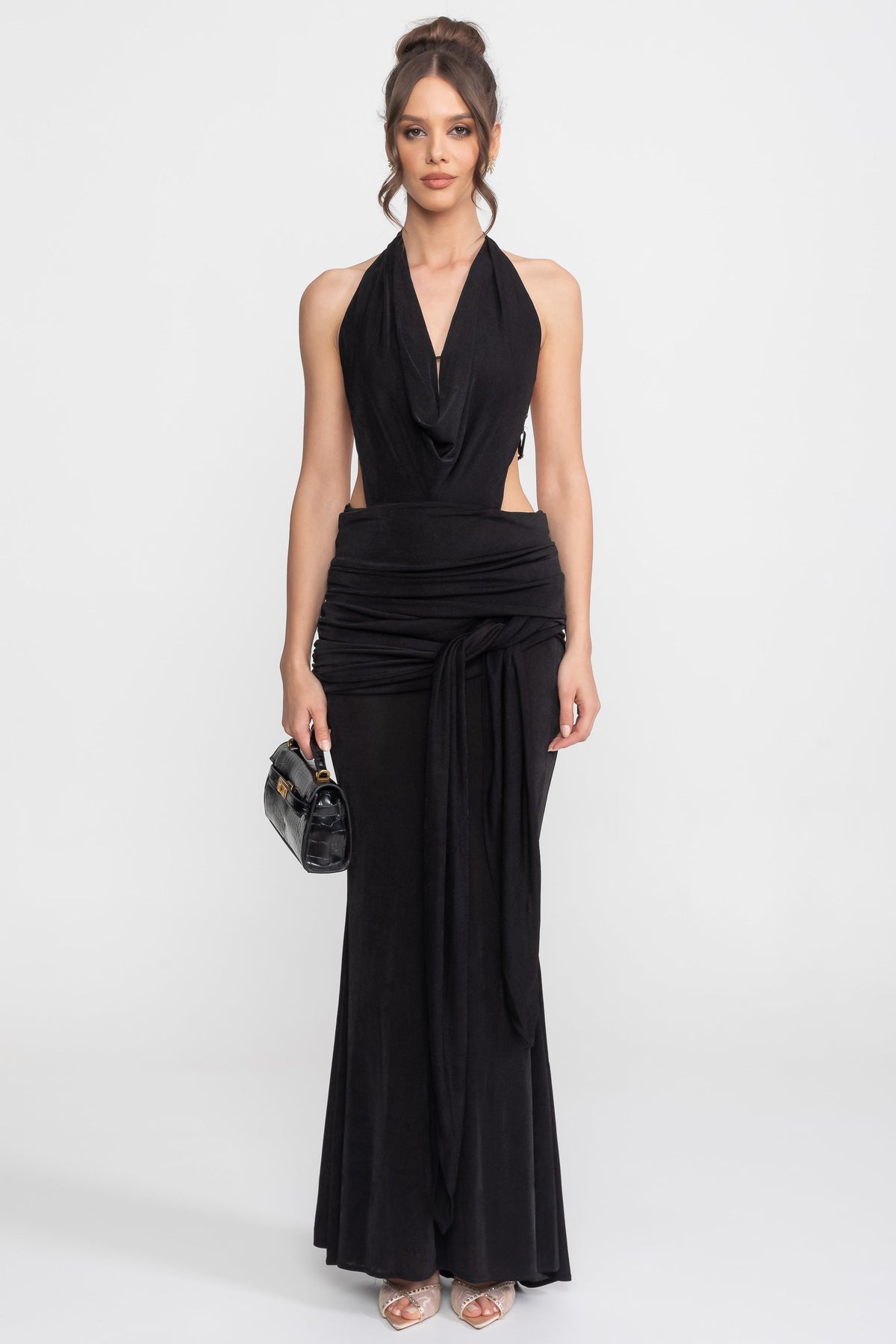 Draped Cowl Halter Neck Cut Out Tie Waist Maxi Dress