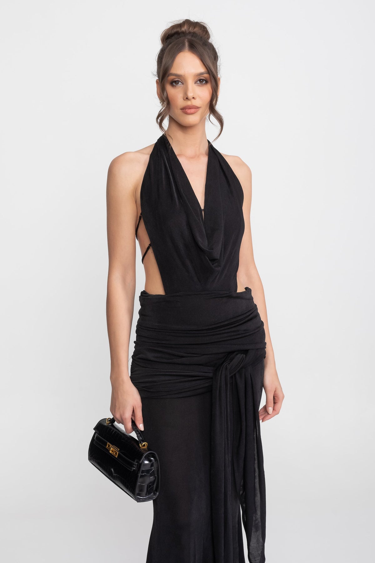 Draped Cowl Halter Neck Cut Out Tie Waist Maxi Dress 4
