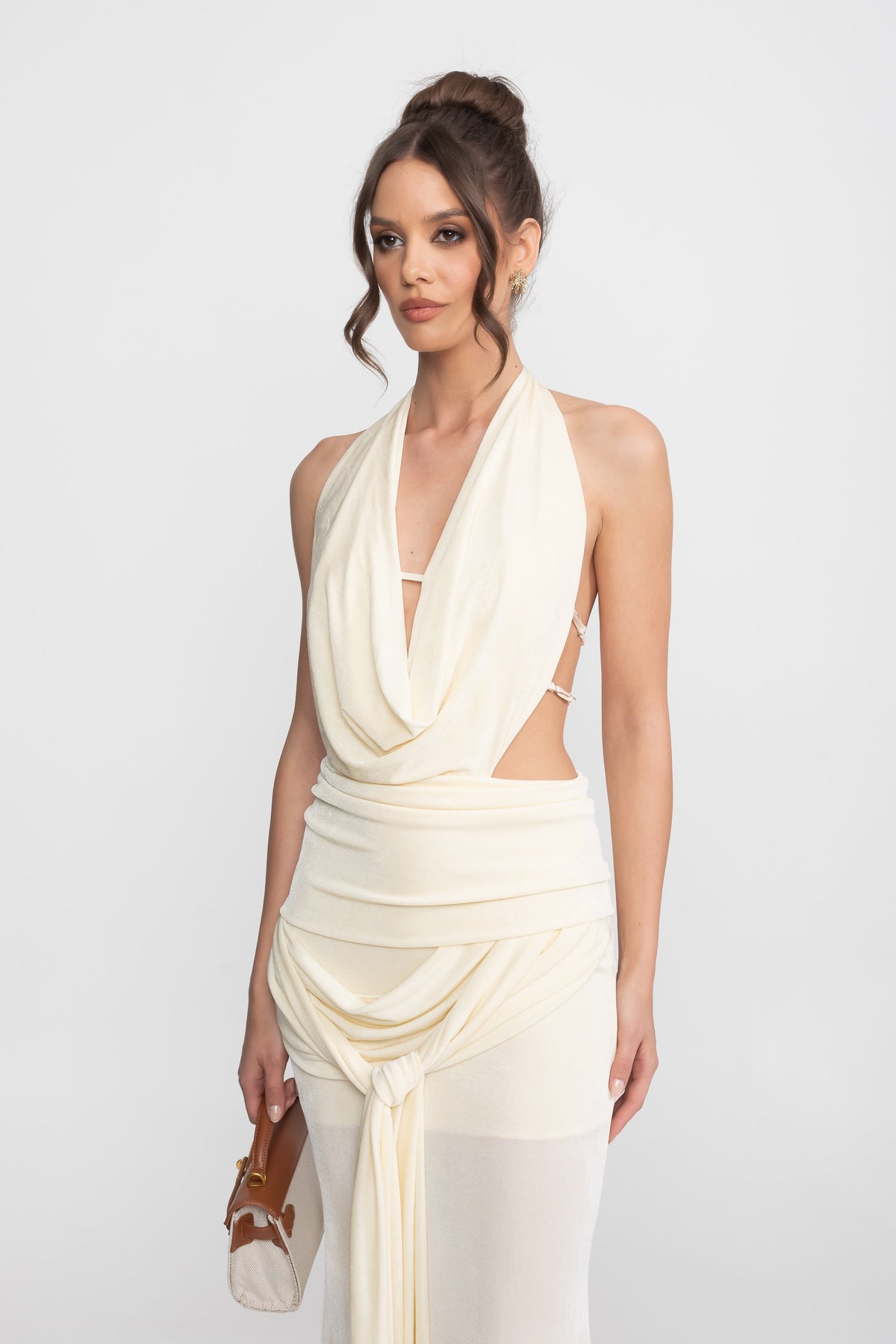 Draped Cowl Halter Neck Cut Out Tie Waist Maxi Dress 5