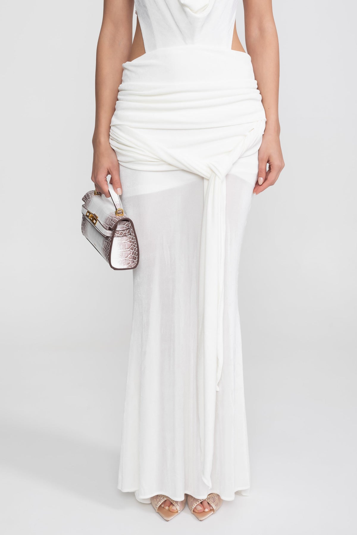 Draped Cowl Halter Neck Cut Out Tie Waist Maxi Dress 7
