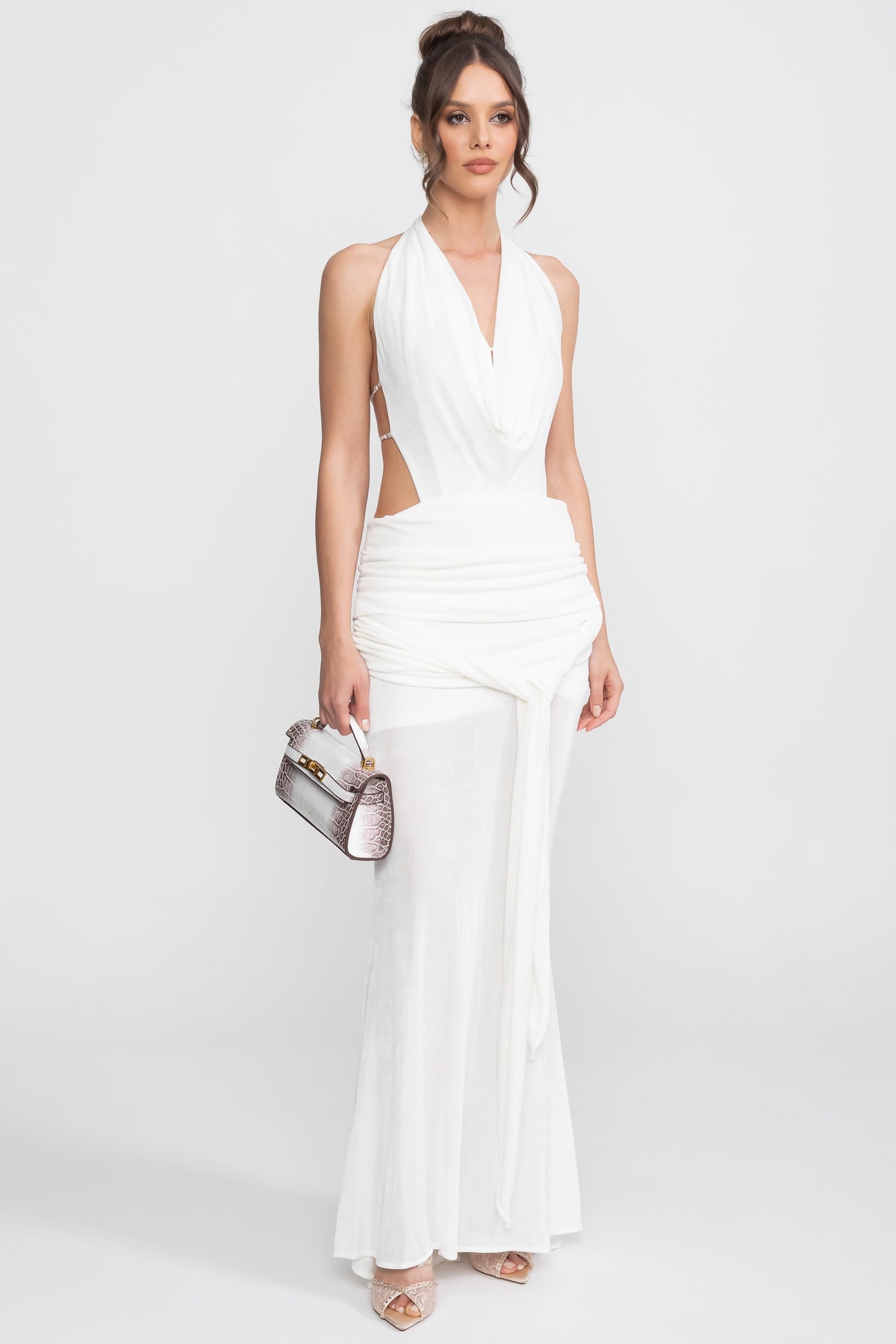 Draped Cowl Halter Neck Cut Out Tie Waist Maxi Dress 8