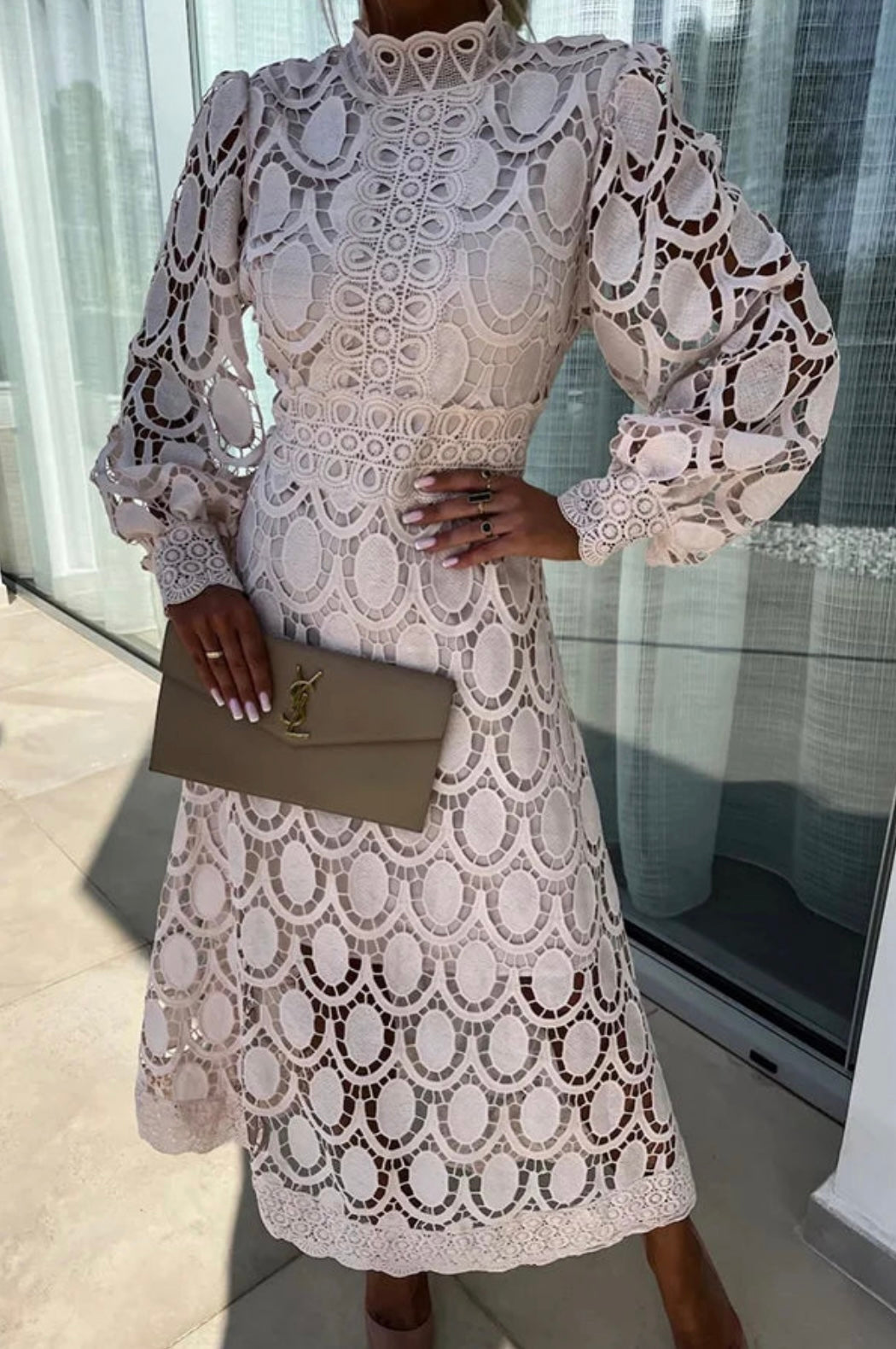 Lace High Neck Long Sleeve Midi Dress 2