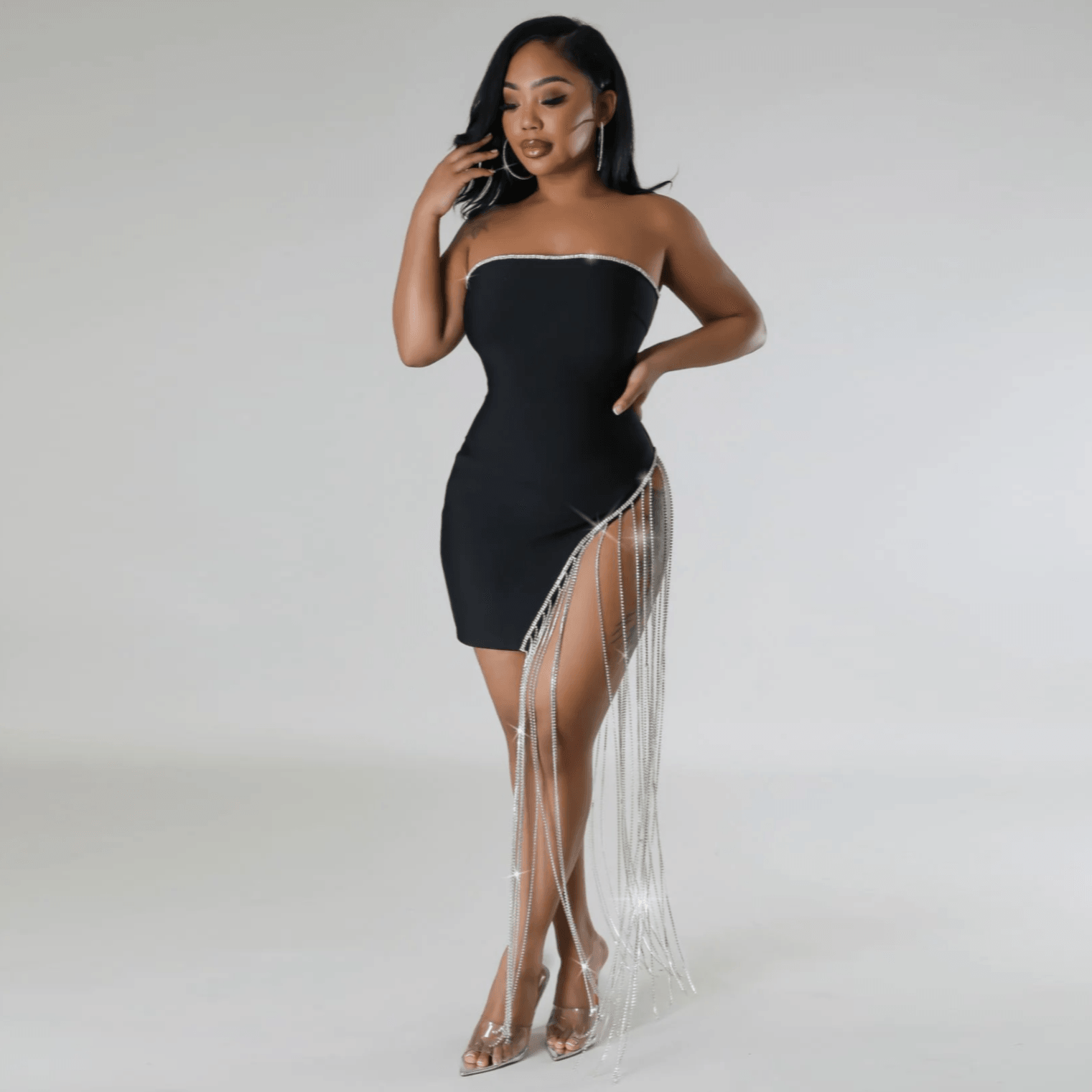 Strapless Rhinestone Trim High Split Rhinestone Fringe Bodycon Mini Dress