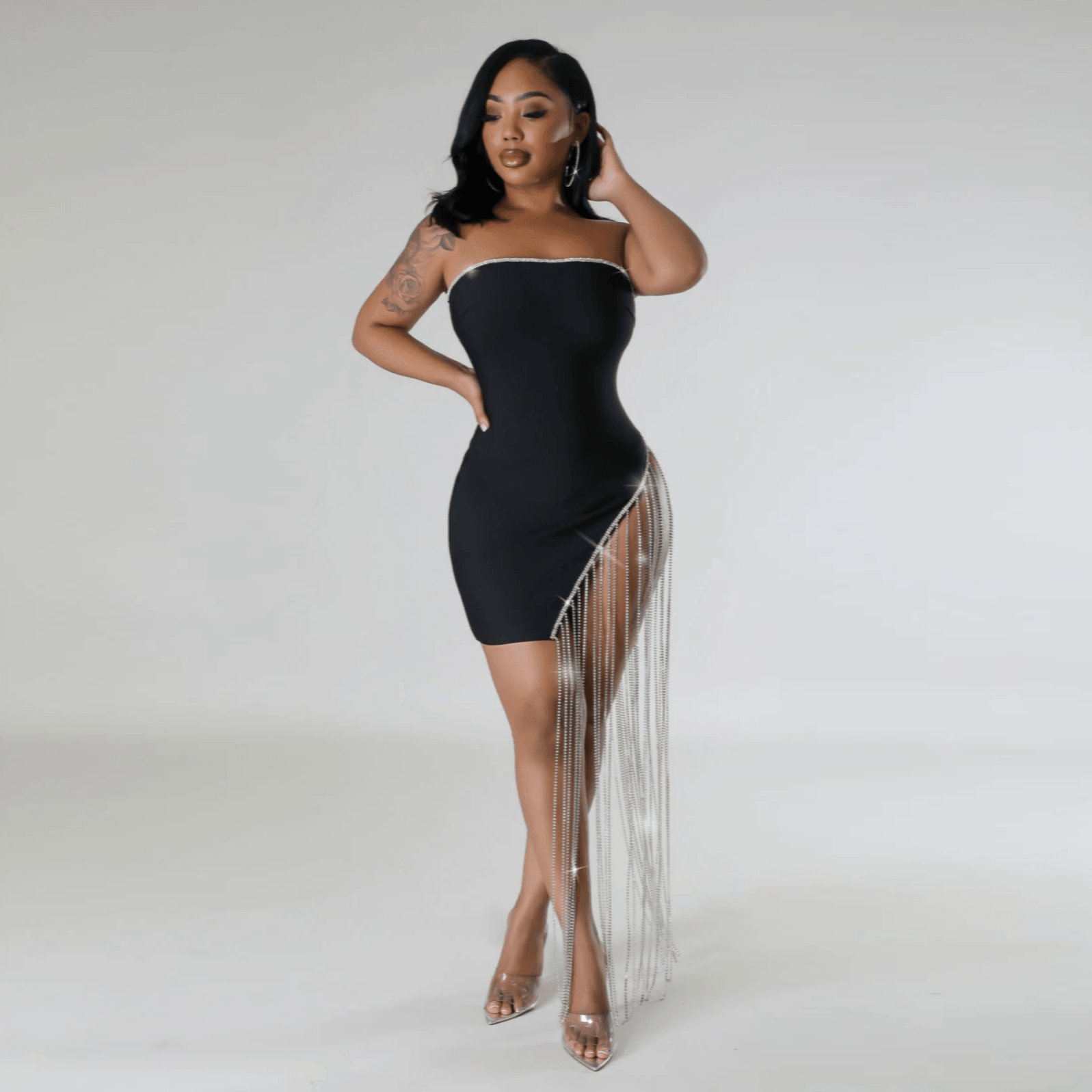 Strapless Rhinestone Trim High Split Rhinestone Fringe Bodycon Mini Dress