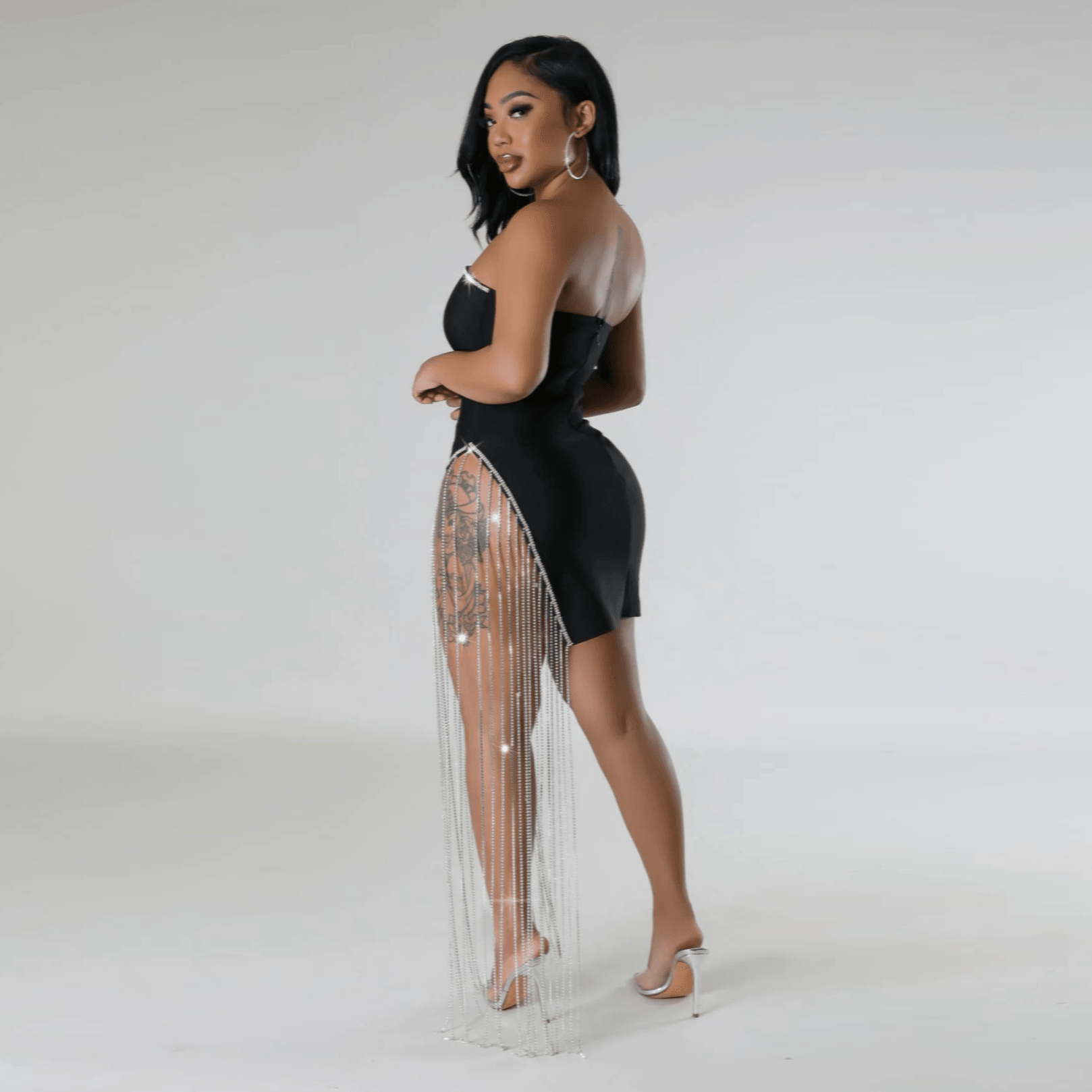 Strapless Rhinestone Trim High Split Rhinestone Fringe Bodycon Mini Dress