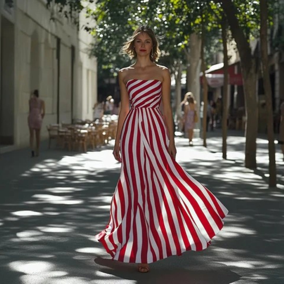 Striped Strapless Flowing A-Line Maxi Dress
