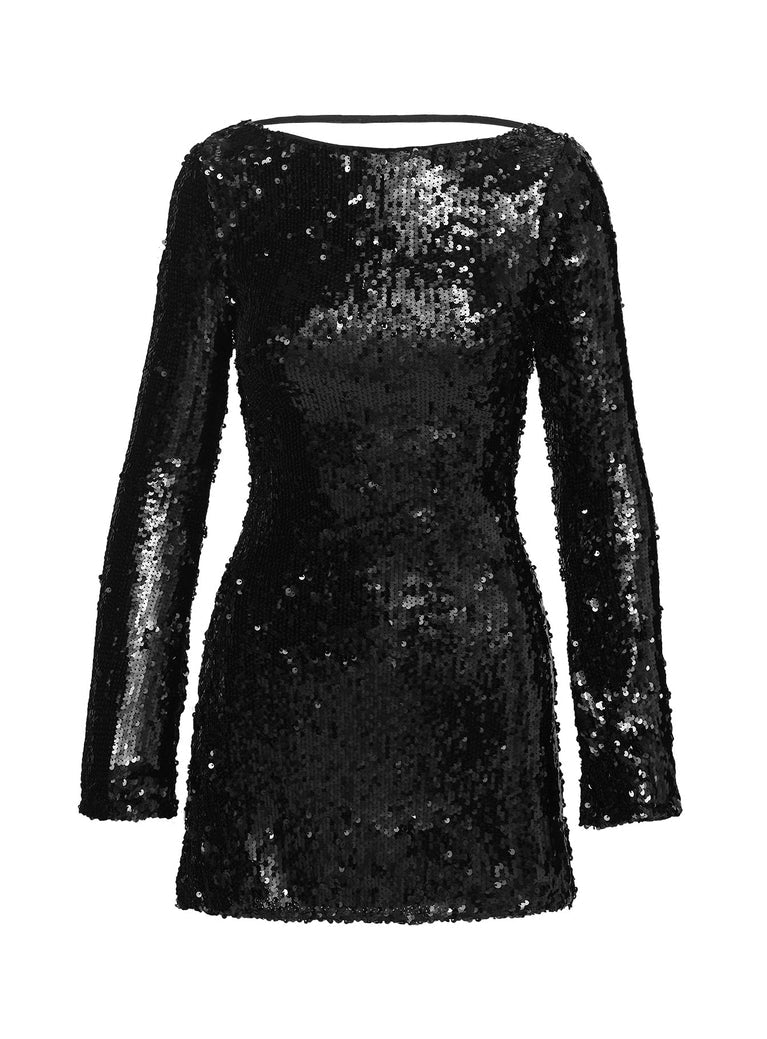 Sequin Beaded Cowl Open Back Flared Long Sleeve Mini Dress 21