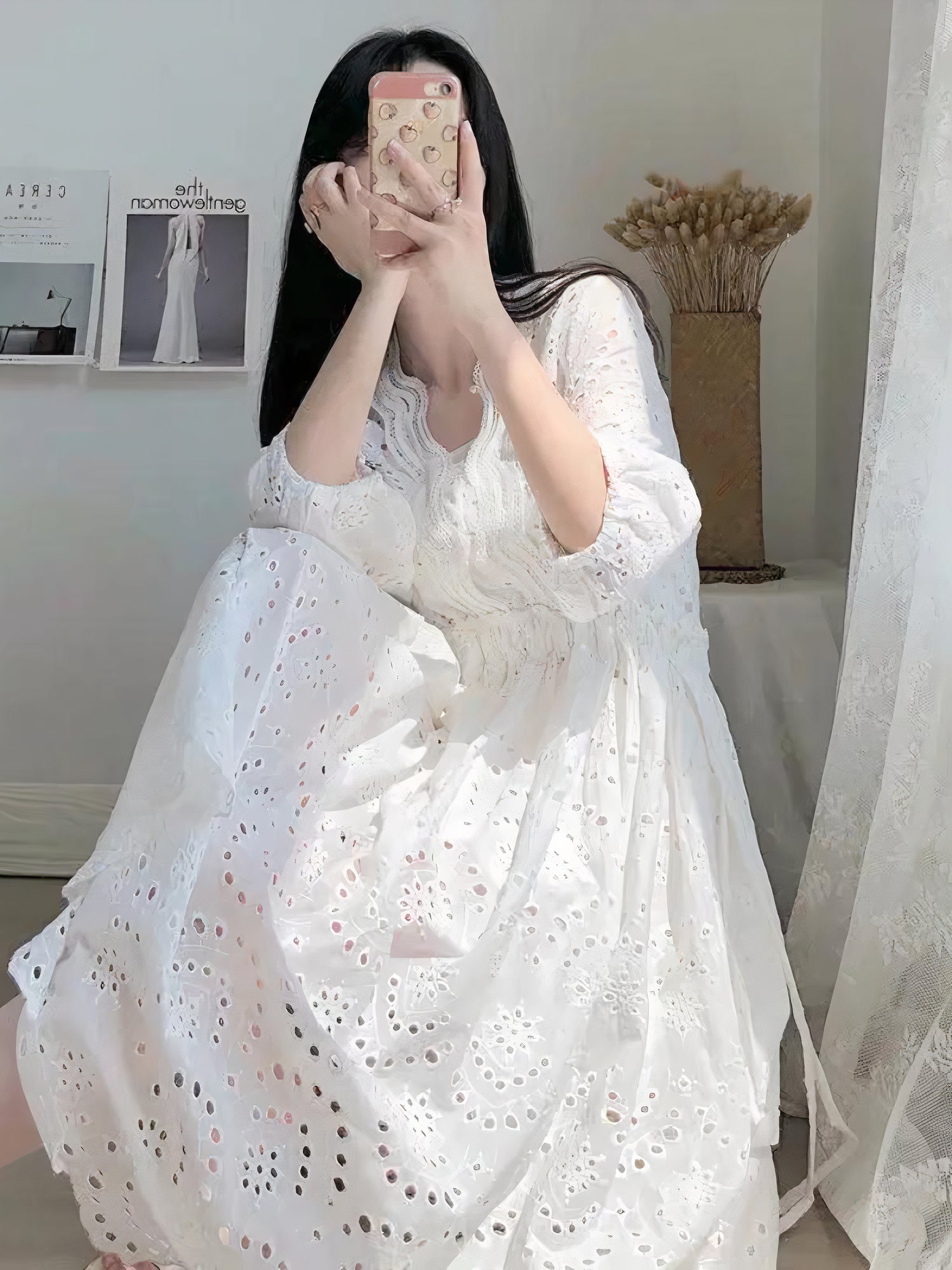 Eyelet Lace V-Neck Three Quarter Sleeve Button Down Empire Waist Midi Dress