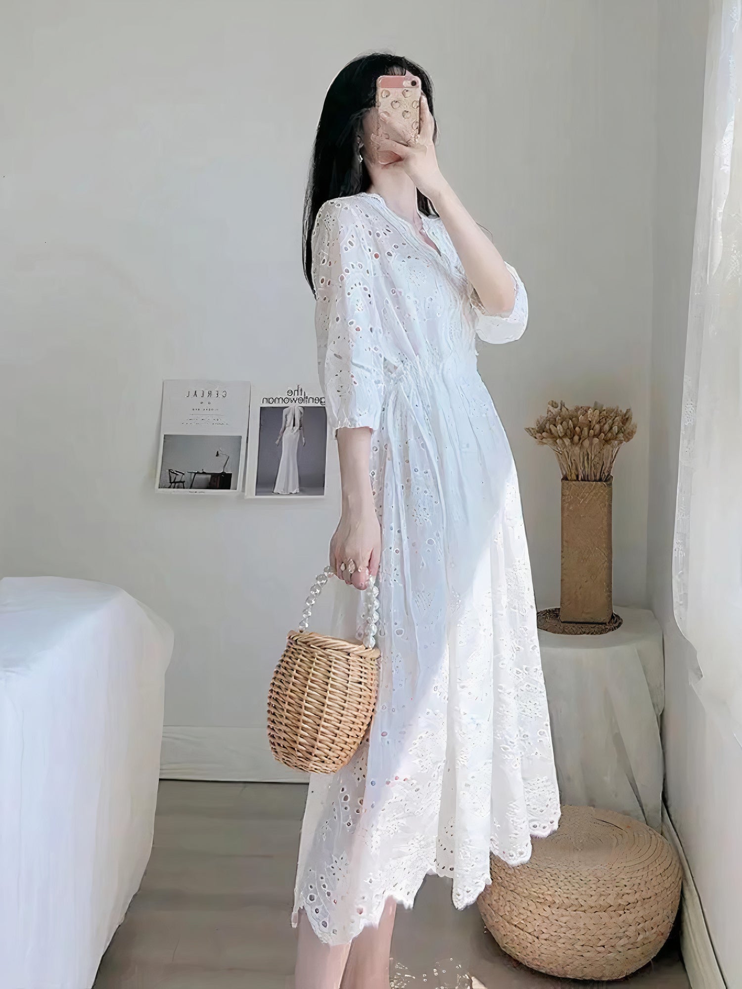 Eyelet Lace V-Neck Three Quarter Sleeve Button Down Empire Waist Midi Dress