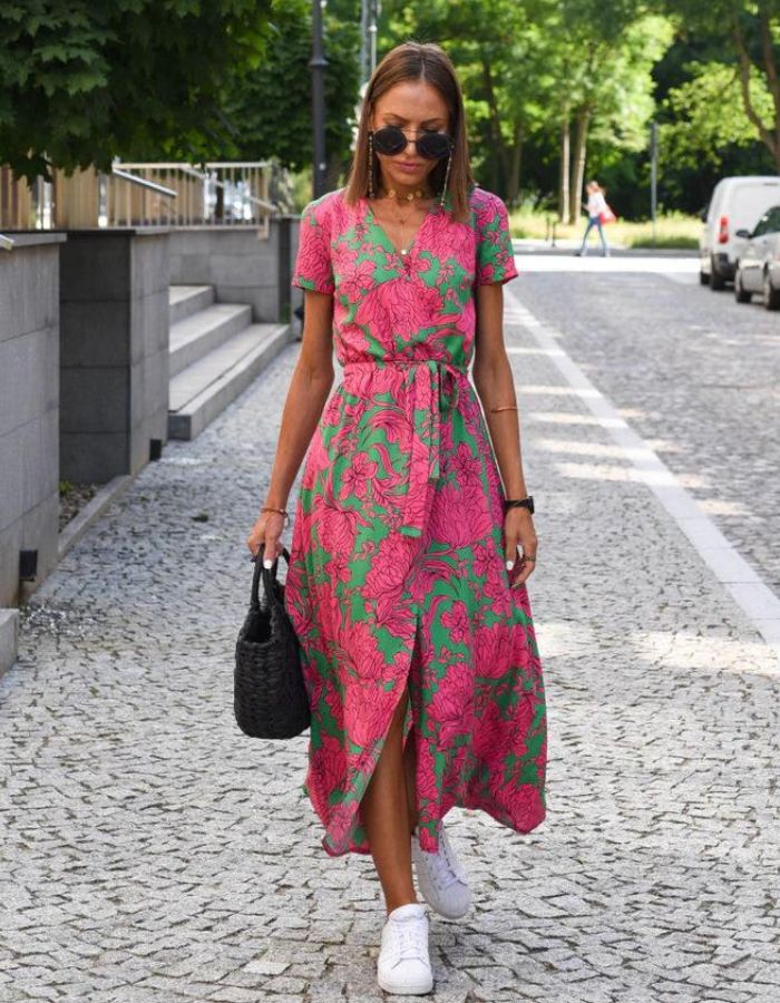 Wrap Front V-Neck Short Sleeve Belted Midi Dress