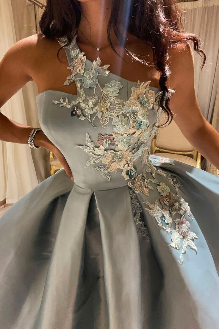 Cute One Shoulder Satin Lace Short Prom Dress, A-Line Party Dress cc881