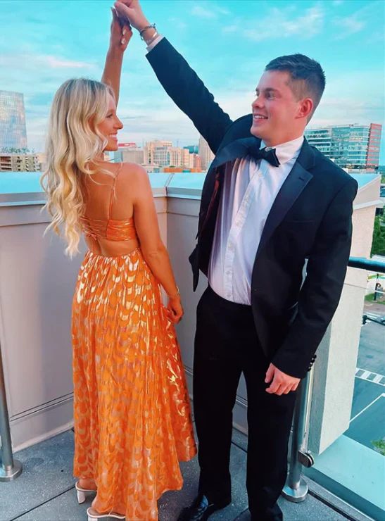 Chic Orange Long A Line Prom Dress Spaghetti Straps Evening Party Gown cc1443