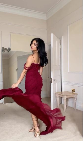 Burgundy Off Shoulder Straps Multi-layered Ruffles Long Prom Dress Chiffon Evening Dress cc1433