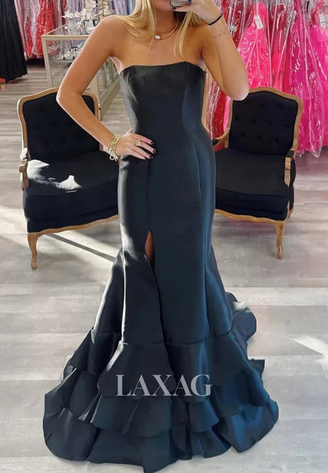 Off-Shoulder Sleeveless Pleated Satin Mermaid Prom Dress Tube Top Chiffon-Tiered Slit Formal Gowns