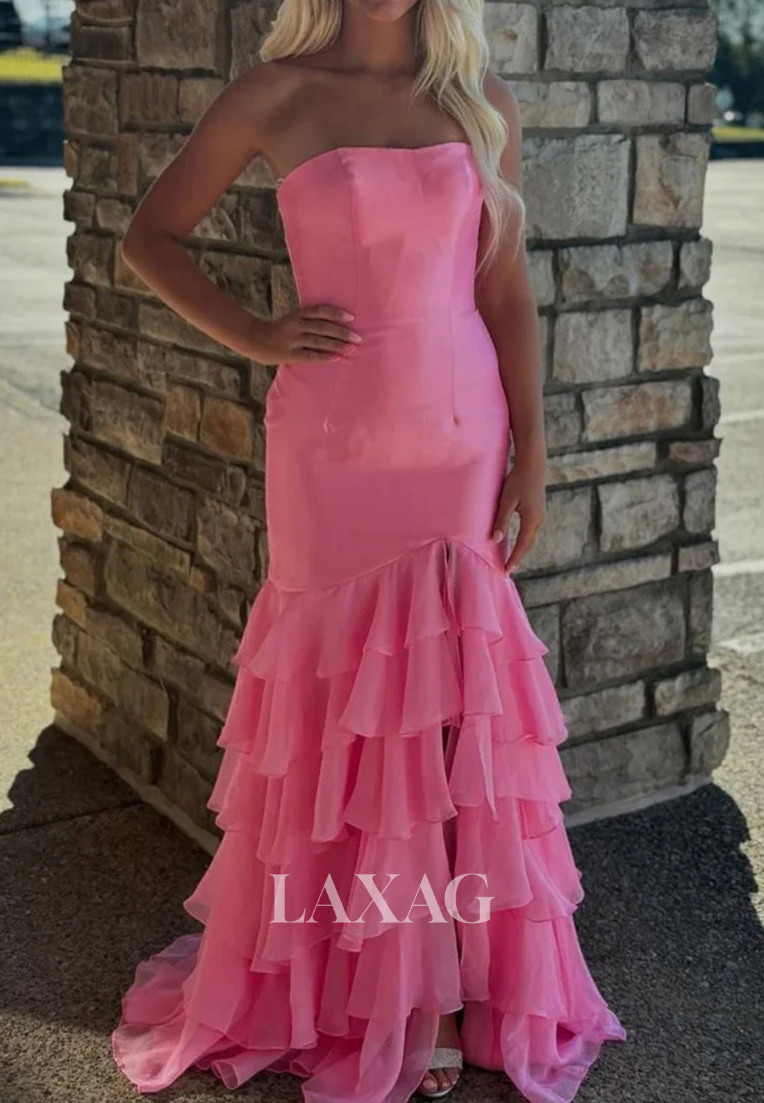 Off-Shoulder Sleeveless Pleated Satin Mermaid Prom Dress Tube Top Chiffon-Tiered Slit Formal Gowns