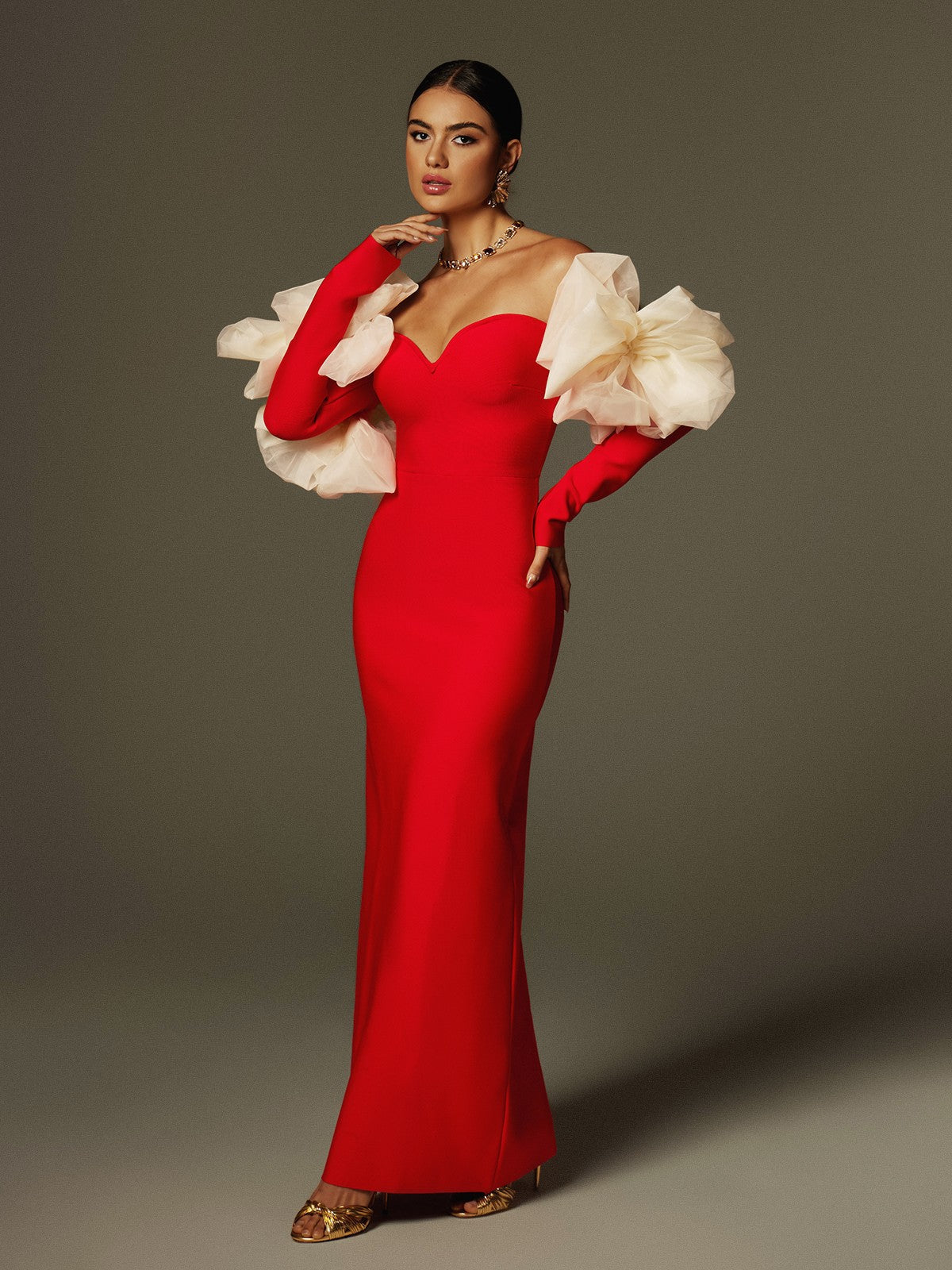 Off Shoulder Flower Bandage Maxi Dress In Red - View 4