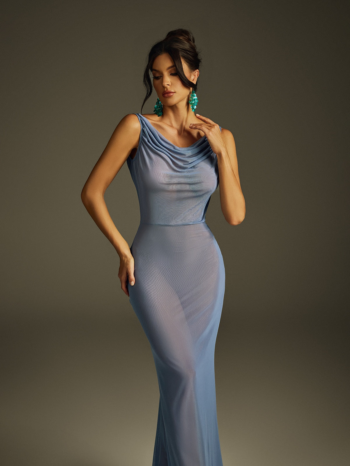 Sleeveless Draped Mesh Maxi Dress - View 3