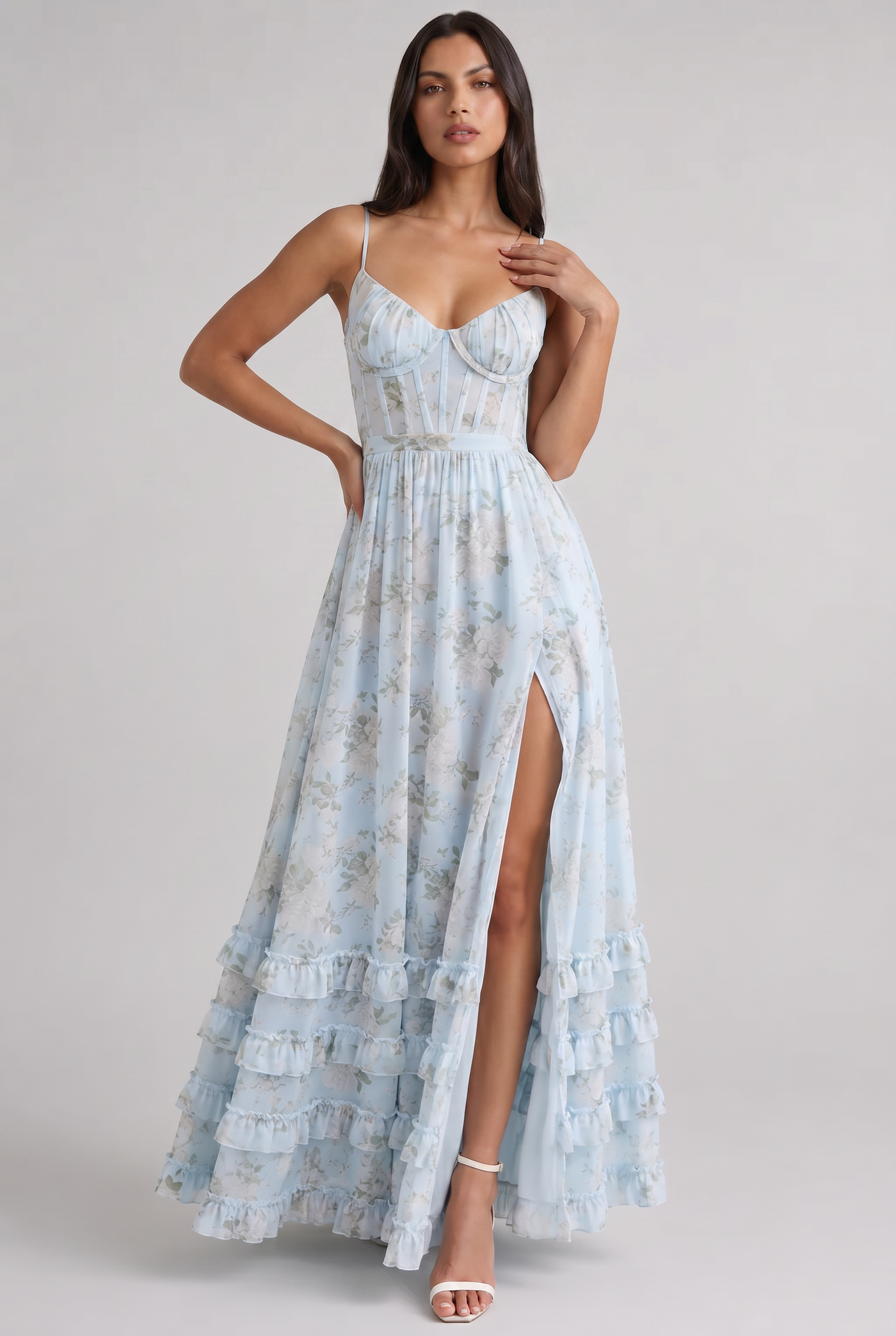 Floral Corset Spaghetti Strap High Split Maxi Dress