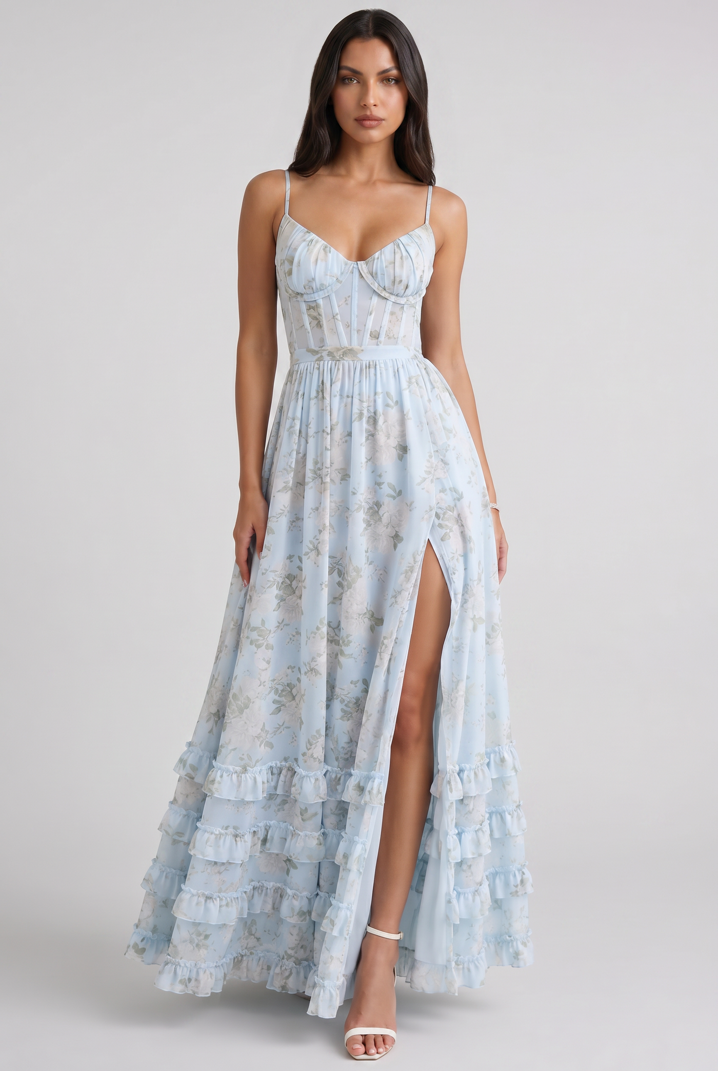 Floral Corset Spaghetti Strap High Split Maxi Dress 3