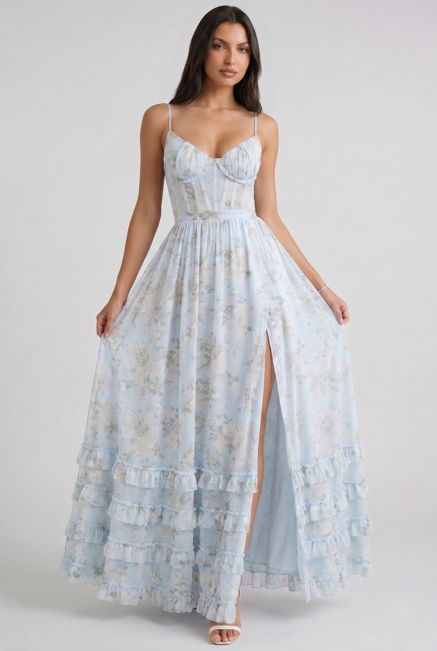 Floral Corset Spaghetti Strap High Split Maxi Dress 2