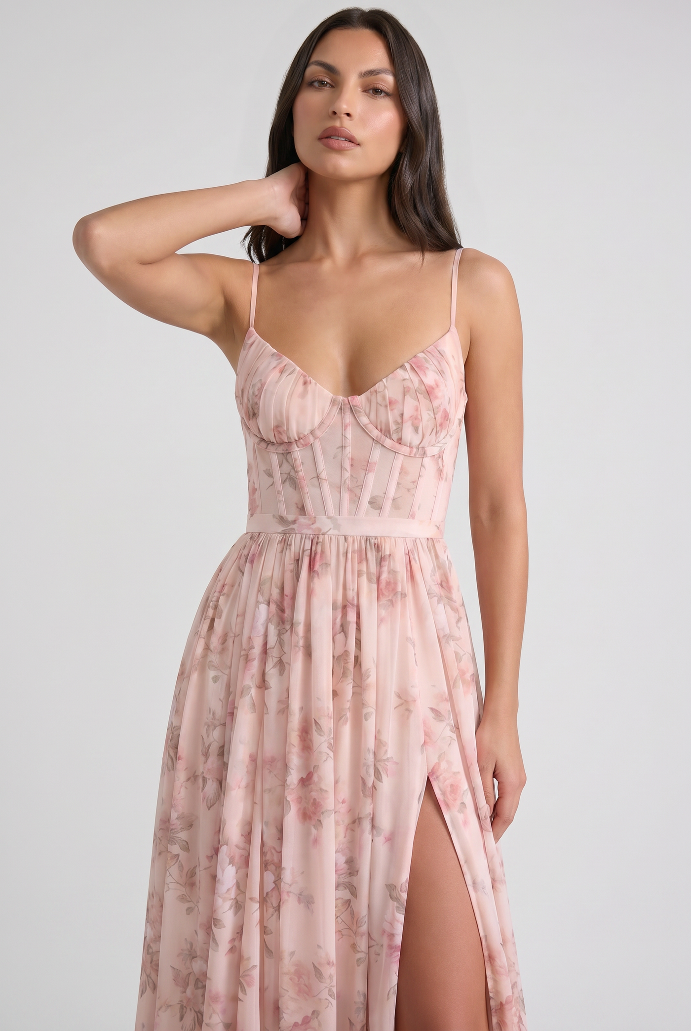 Floral Corset Spaghetti Strap High Split Maxi Dress 10