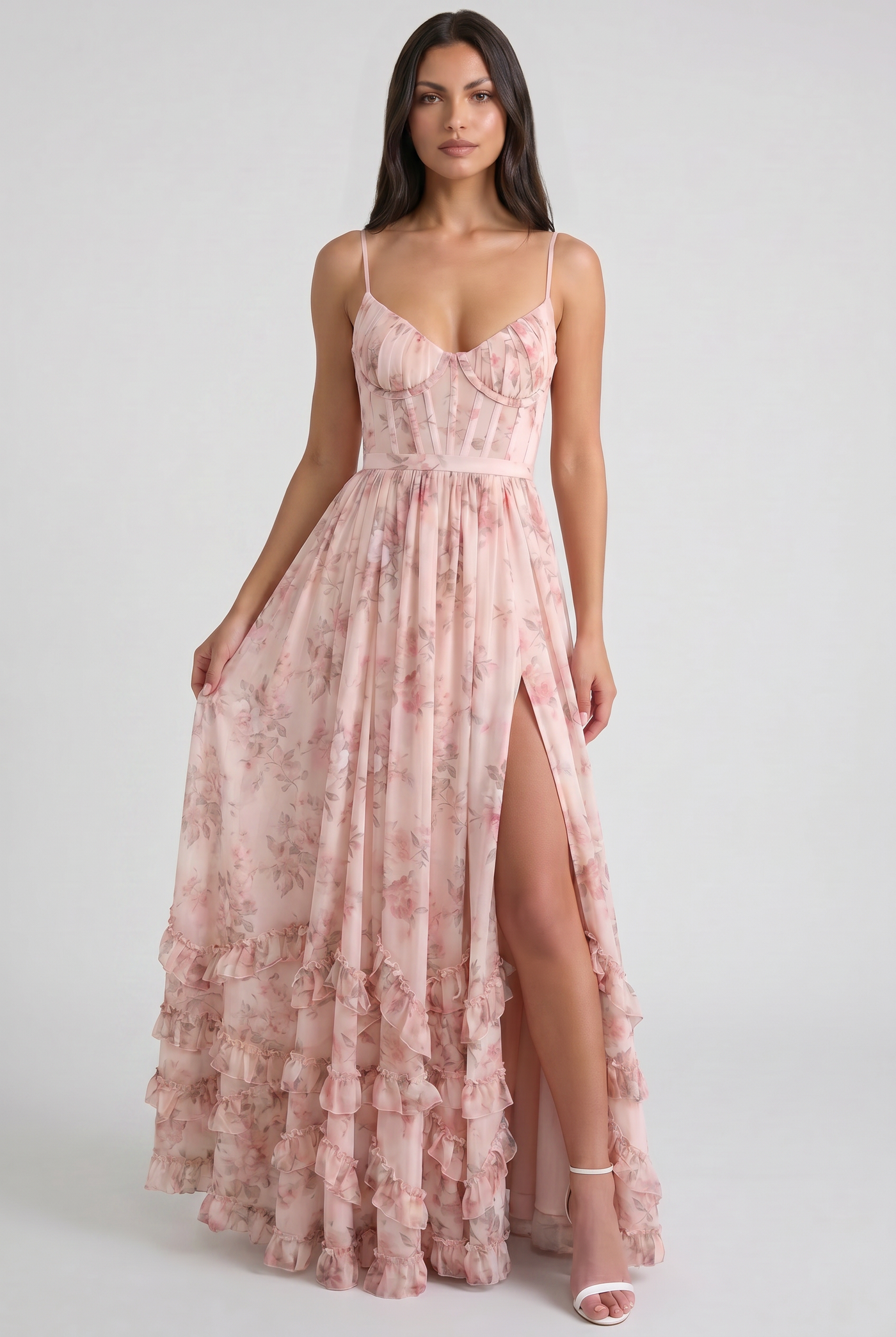 Floral Corset Spaghetti Strap High Split Maxi Dress 7