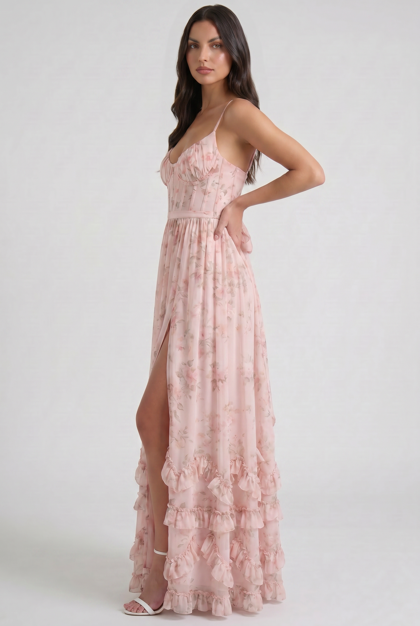 Floral Corset Spaghetti Strap High Split Maxi Dress 11