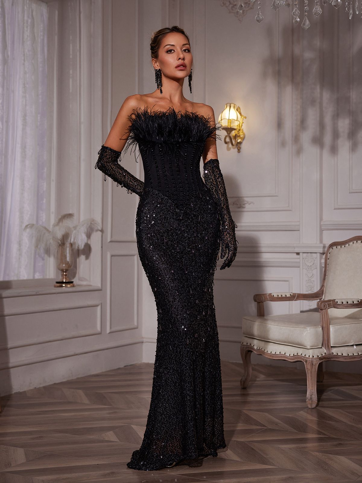 Sequin Strapless Feather Corset High Split Mermaid Maxi Dress
